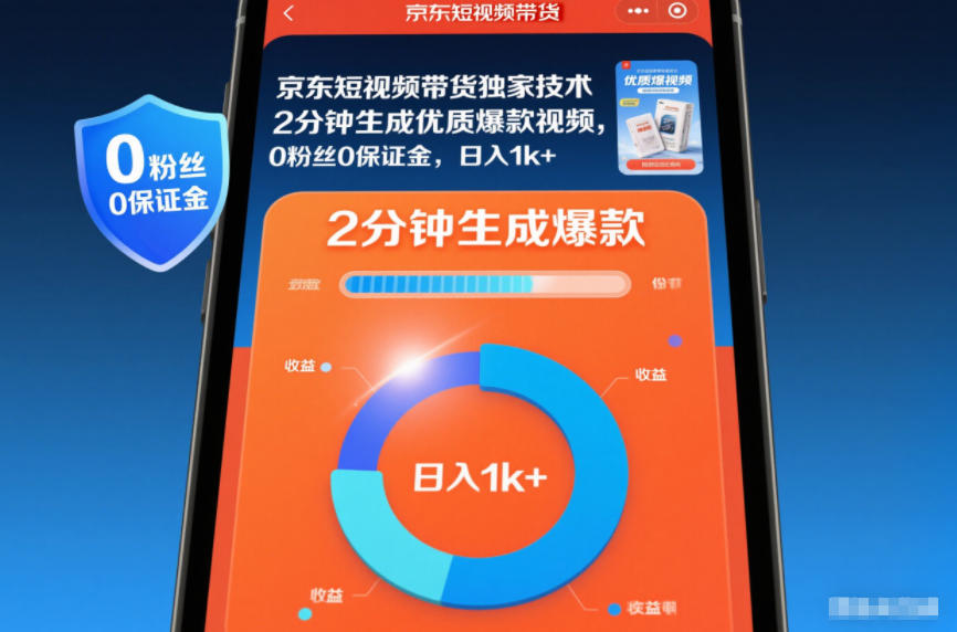 京东短视频带货独家技术，2分钟生成一条优质爆款视频，0粉丝0保证金，日入1k+【揭秘】