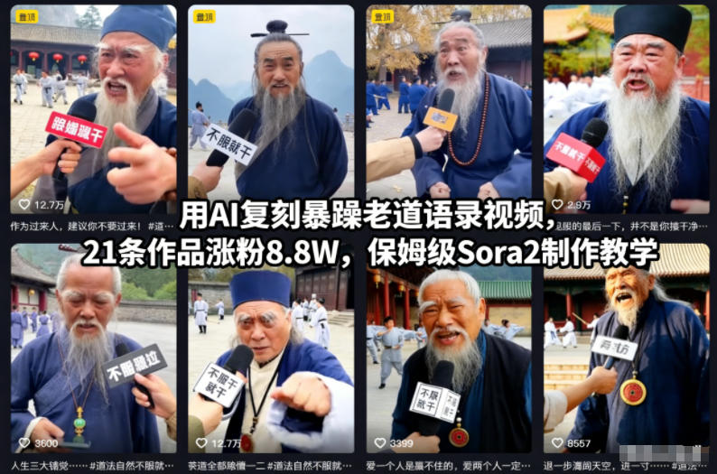 用AI复刻暴躁老道语录视频，21条作品涨粉8.8W，保姆级Sora2制作教学-阿鑫
