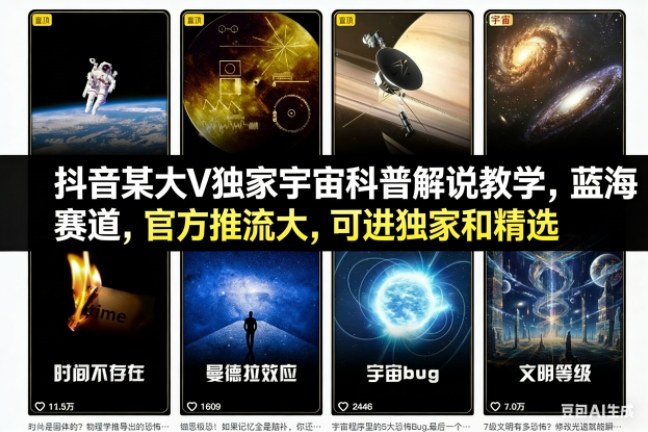 抖音某大V独家宇宙科普解说教学，蓝海赛道，官方推流大，可进独家和精选-阿鑫