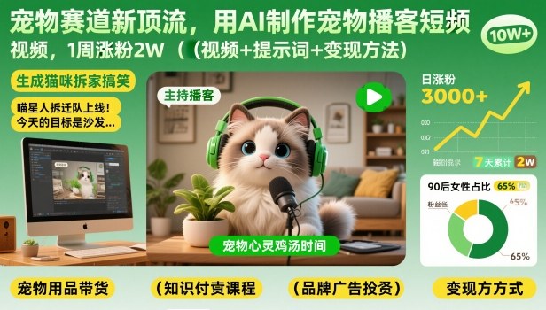 宠物赛道新顶流，用AI制作宠物播客短视频，1周涨粉2W（视频+提示词+变现方法）-阿鑫