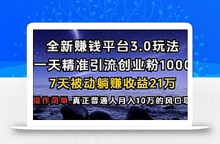 全新赚钱平台3.0玩法一天精准引流创业粉1000.7天被动躺Z收益21W【仅揭秘】