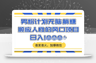 男粉计划无脑躺Z,顺应人性的风口项目,谁发谁火,加爆微信,日入多张【揭秘】