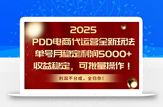 2025PDD电商代运营全新玩法,单号月稳定利润5000+,收益稳定,可批量操作